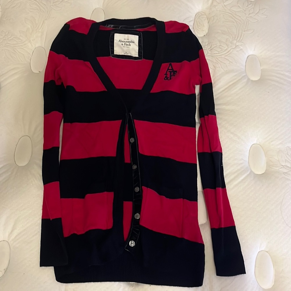Abercrombie and Finch pink and black striped cardigan